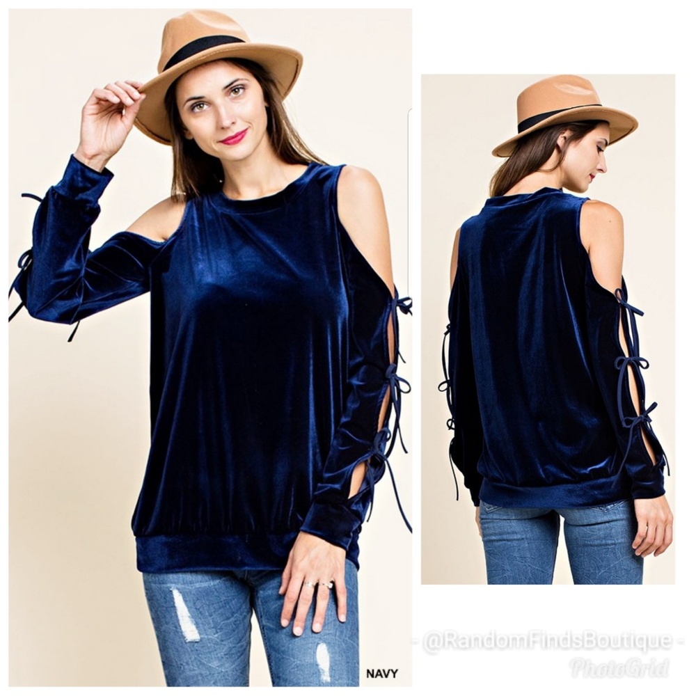 Navi blue velvet cold shoulder lace up top